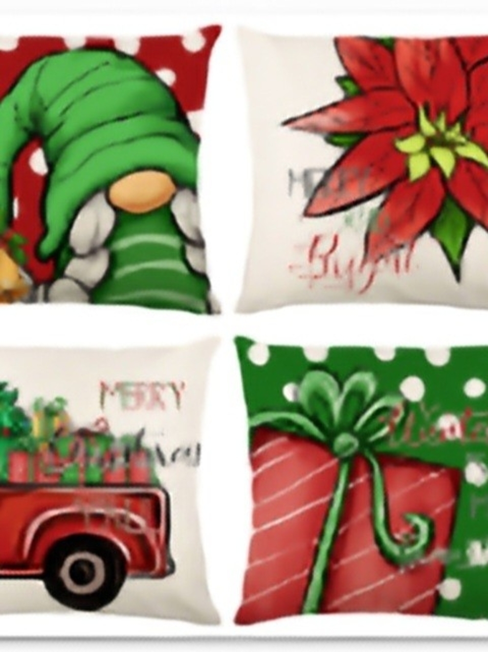 Holiday Poinsettia & Gnome Decorative 4 Piece Throw Pillow Set - Green & Red NEW